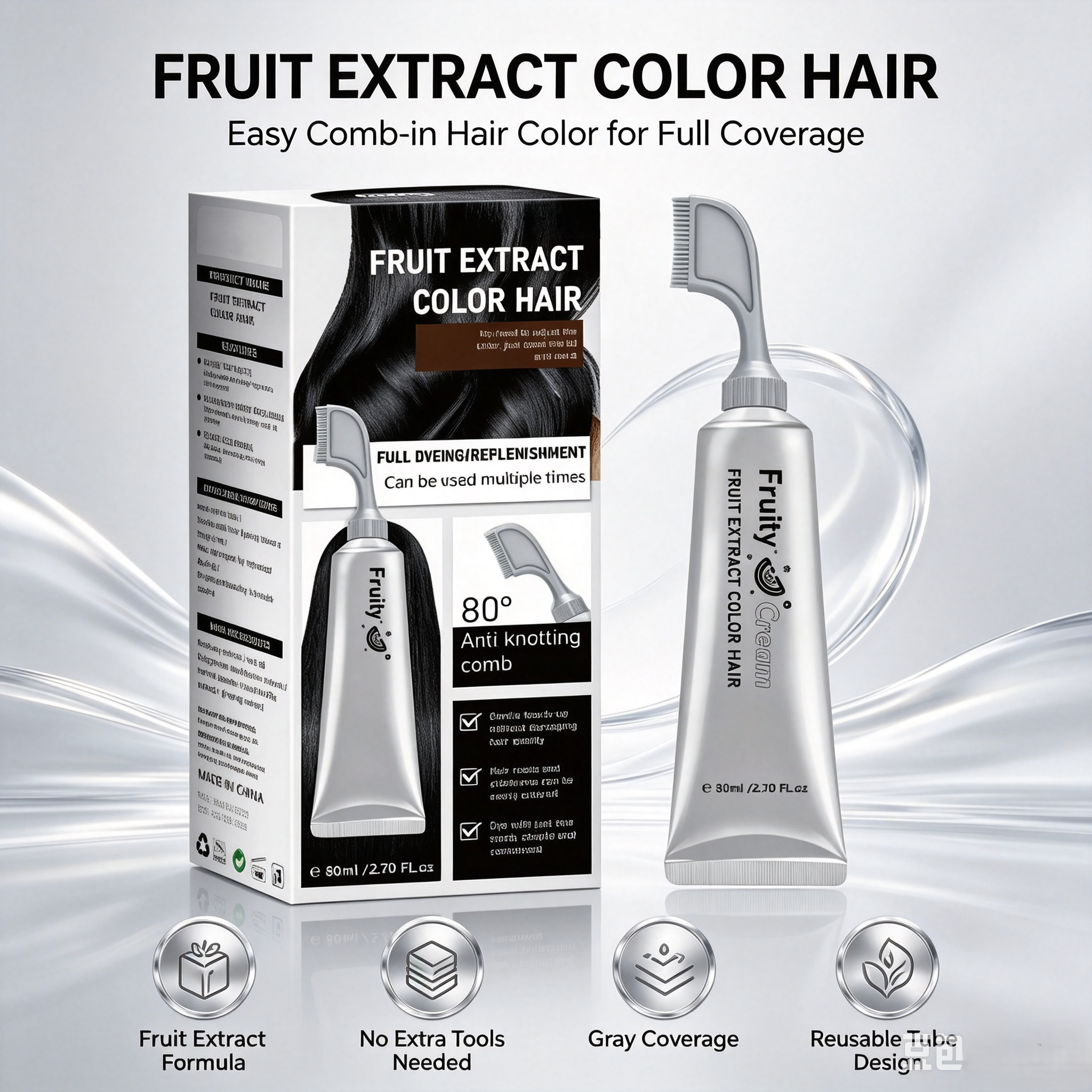Fruit Extract Hair Dye Comb / Hair Dye Cream — Portable Home Use, Gentle Plant-Based Hair Dye for Full Hair Coloring, Reusable No Mix Hair Color