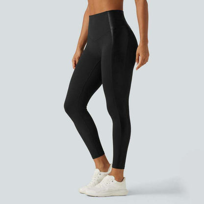 High Waisted Stretchy PU Tummy Control Yoga Leggings with Pocket 🖤✨
