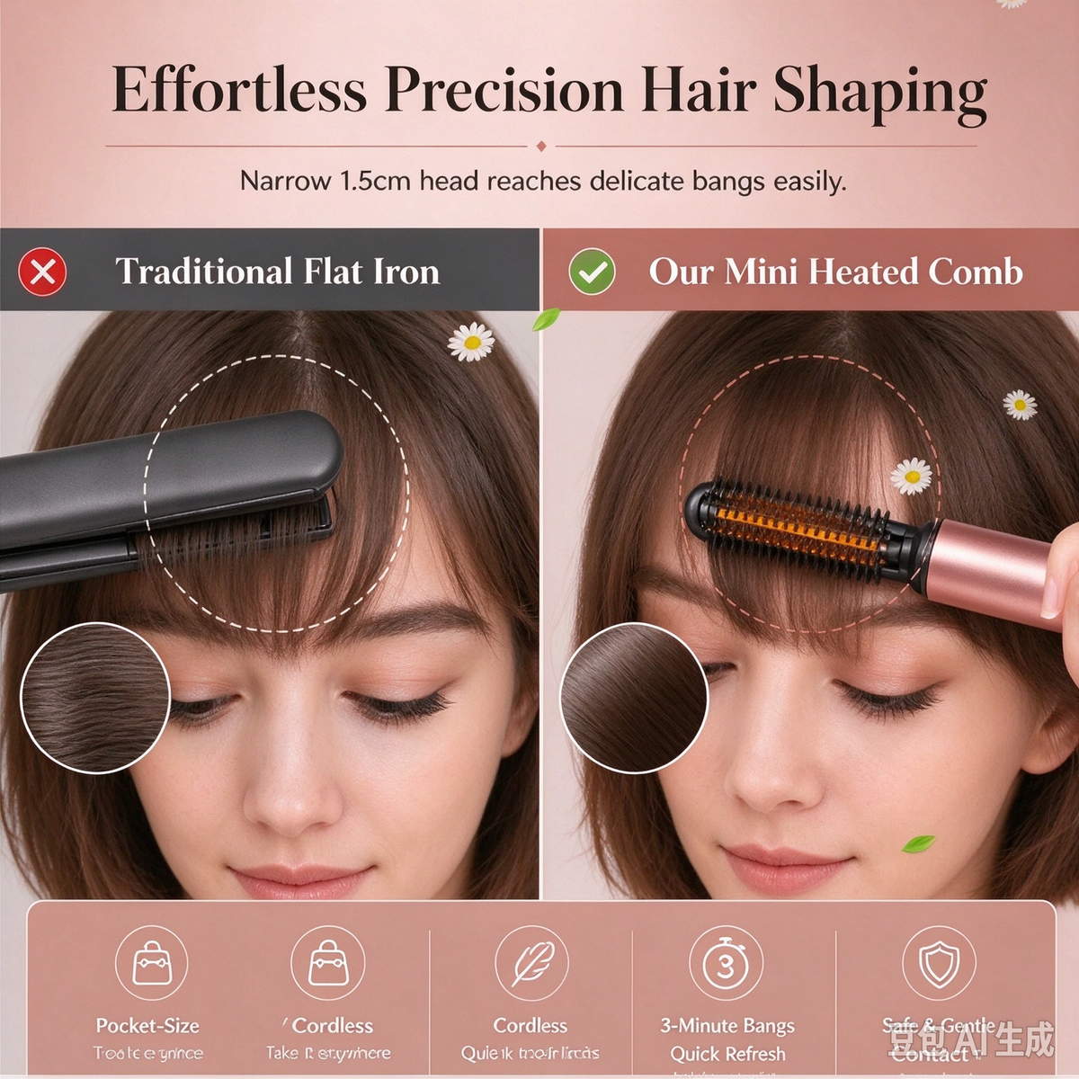 Cordless Mini Heated Hair Straightener Brush Portable Rechargeable Hair Styling Comb for Bangs and Volumizing