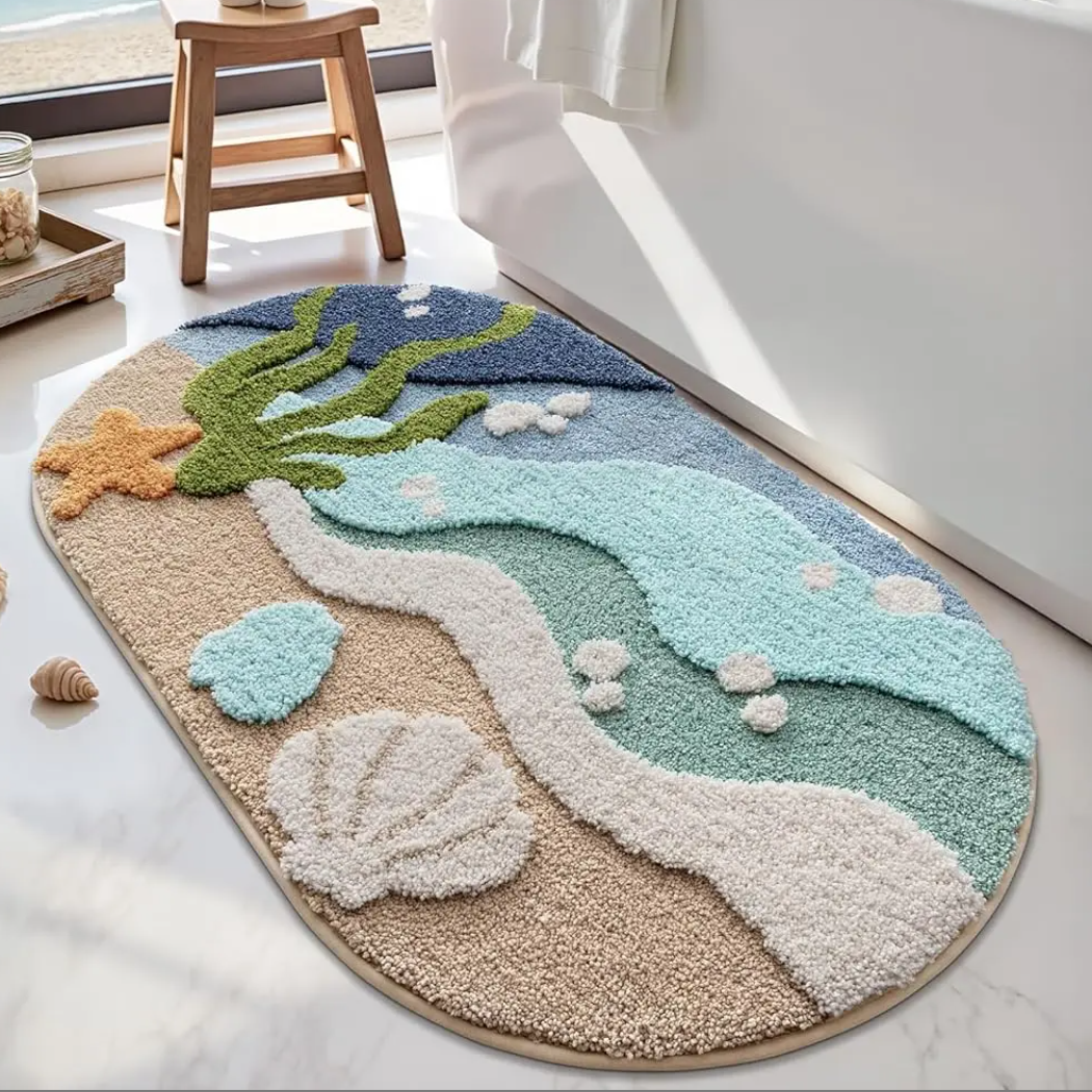Coastal Beach Bathroom Rug – Soft Absorbent Non-Slip Bath Mat with Starfish & Seashell Design