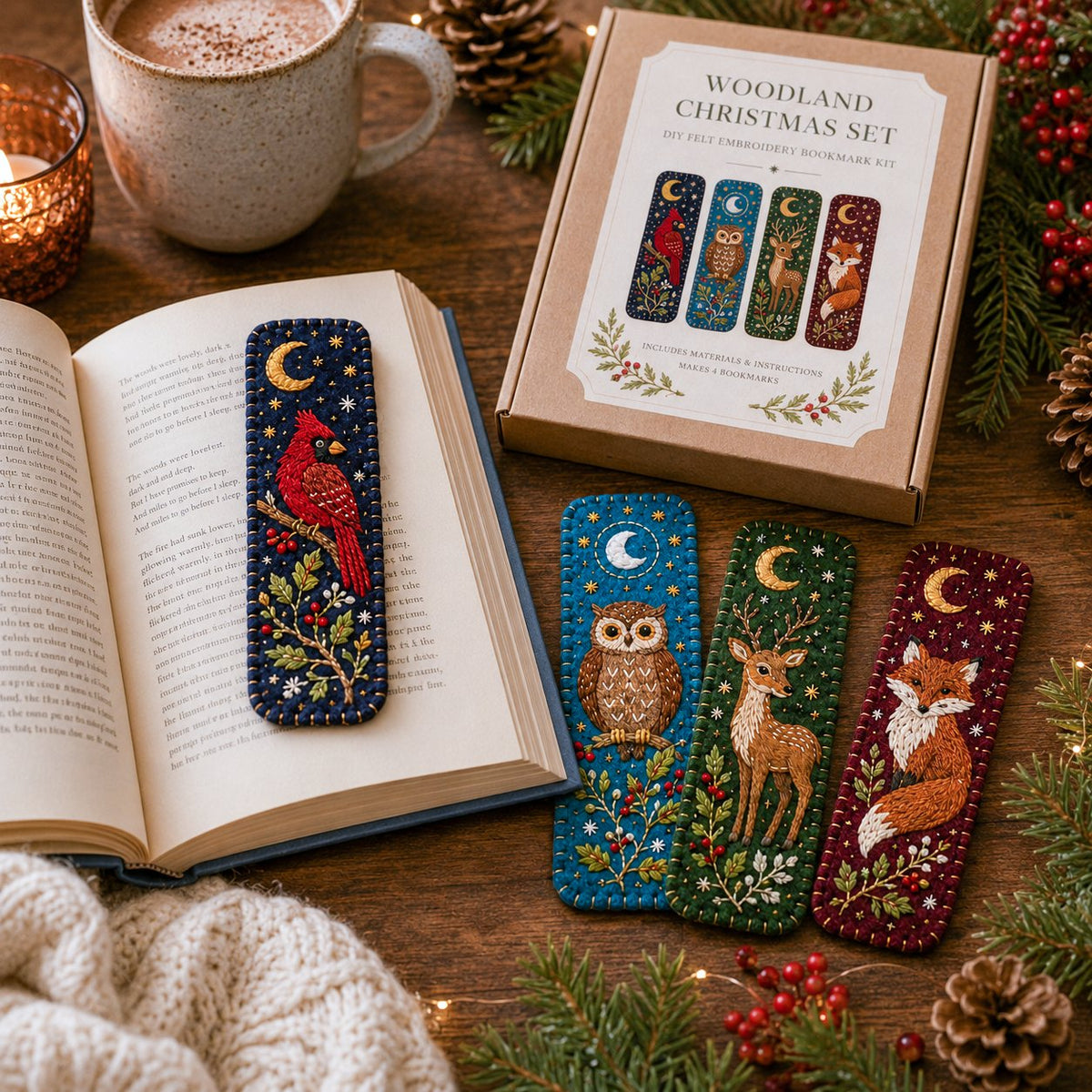 🎄 DIY Felt Embroidery Bookmark Kit(4PCS)