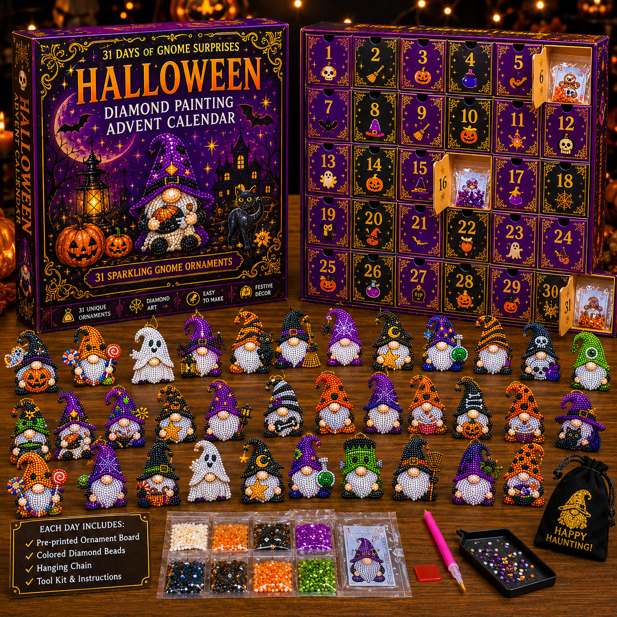 🎉🇺🇸 Limited Edition!🔥🔥 👻 Countdown to Halloween Magic! 🎃✨ 31-Day Gnome Diamond Art Advent Calendar – Create a New Sparkling Surprise Every Day! 💎