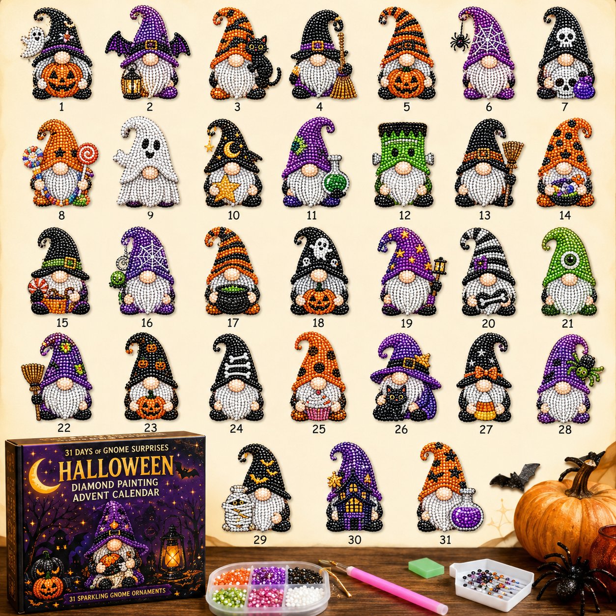 🎉🇺🇸 Limited Edition!🔥🔥 👻 Countdown to Halloween Magic! 🎃✨ 31-Day Gnome Diamond Art Advent Calendar – Create a New Sparkling Surprise Every Day! 💎