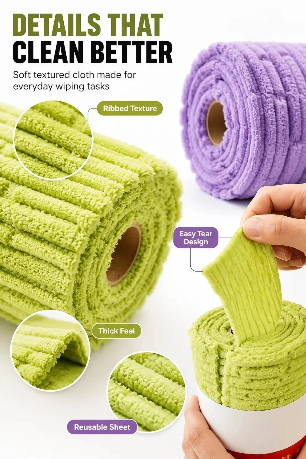 🧽 Reusable Tear-Off Cleaning Cloth Roll – Tear, Wipe, Wash & Reuse