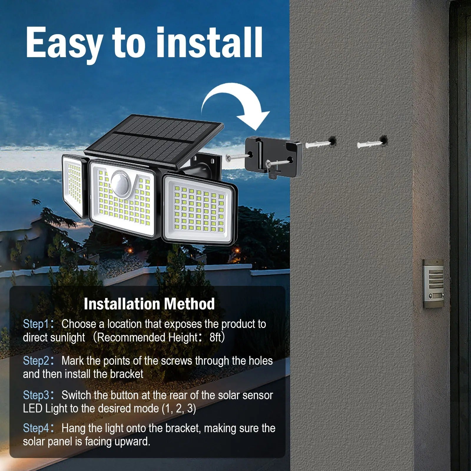 Solar Outdoor Security Spotlights, 2500LM 3-Head Dimmable Adjustable Wall Mount Lights with 3 Modes, IP65 Waterproof, 2 Years Warranty, for Garage, Festival Gift
