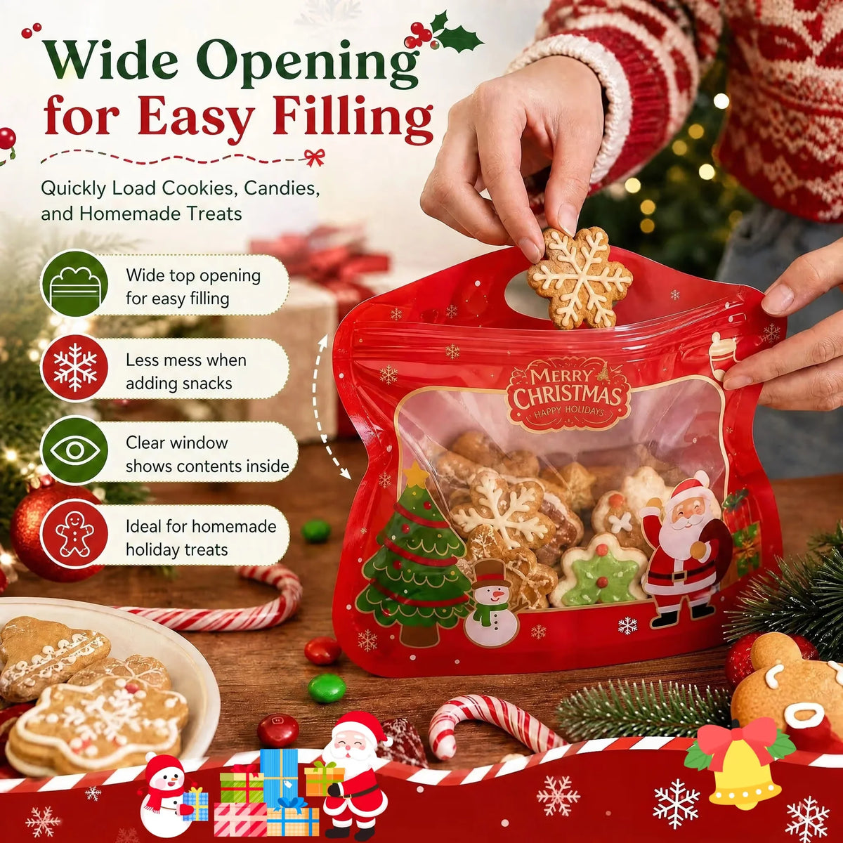 💖LAST DAY SALE 50% OFF!!🎁Easy Fill, Easy Seal🎄 Festive Self-Seal Treat Bags – Santa & Snowman Print | Resealable, Food-Safe & Perfect for Cookies, Chocolates & Little Gifts 🎅⛄