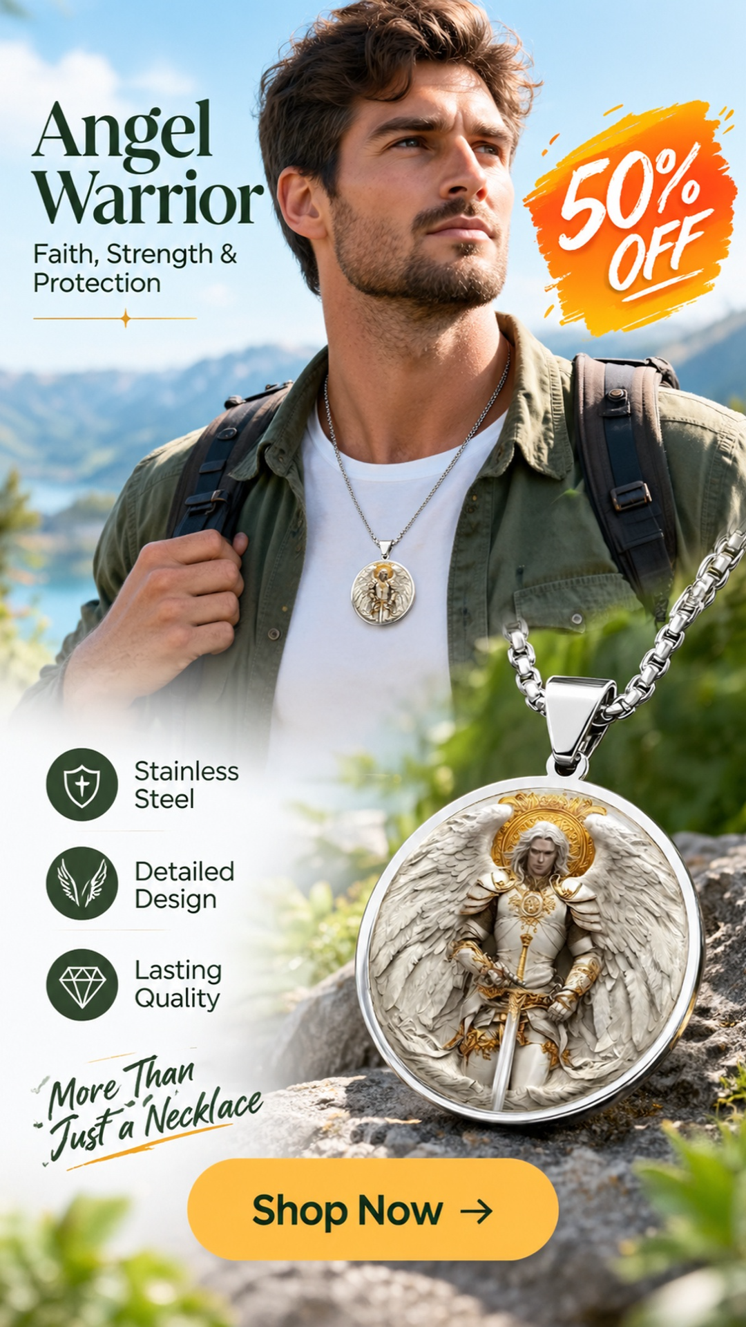 men s angel warrior pendant necklace landing 02