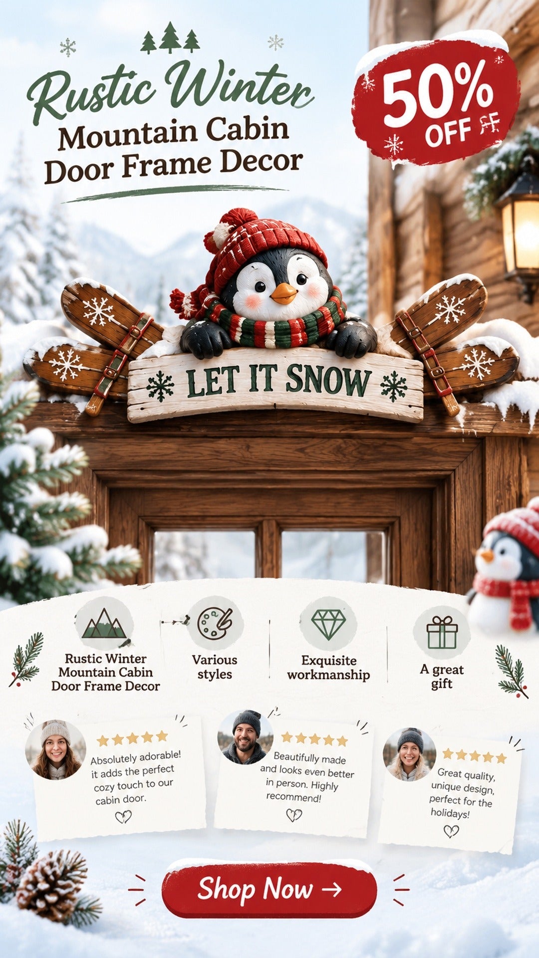 rustic winter mountain cabin door frame decor landing 02