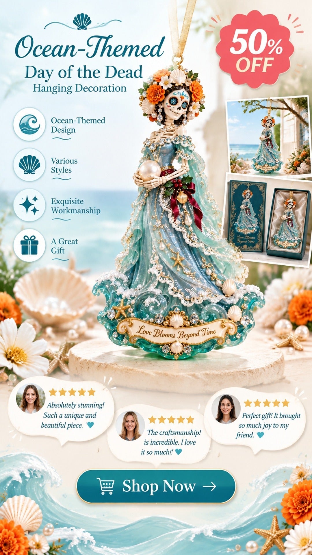 ocean day of the dead ornament love blooms beyond time landing 02