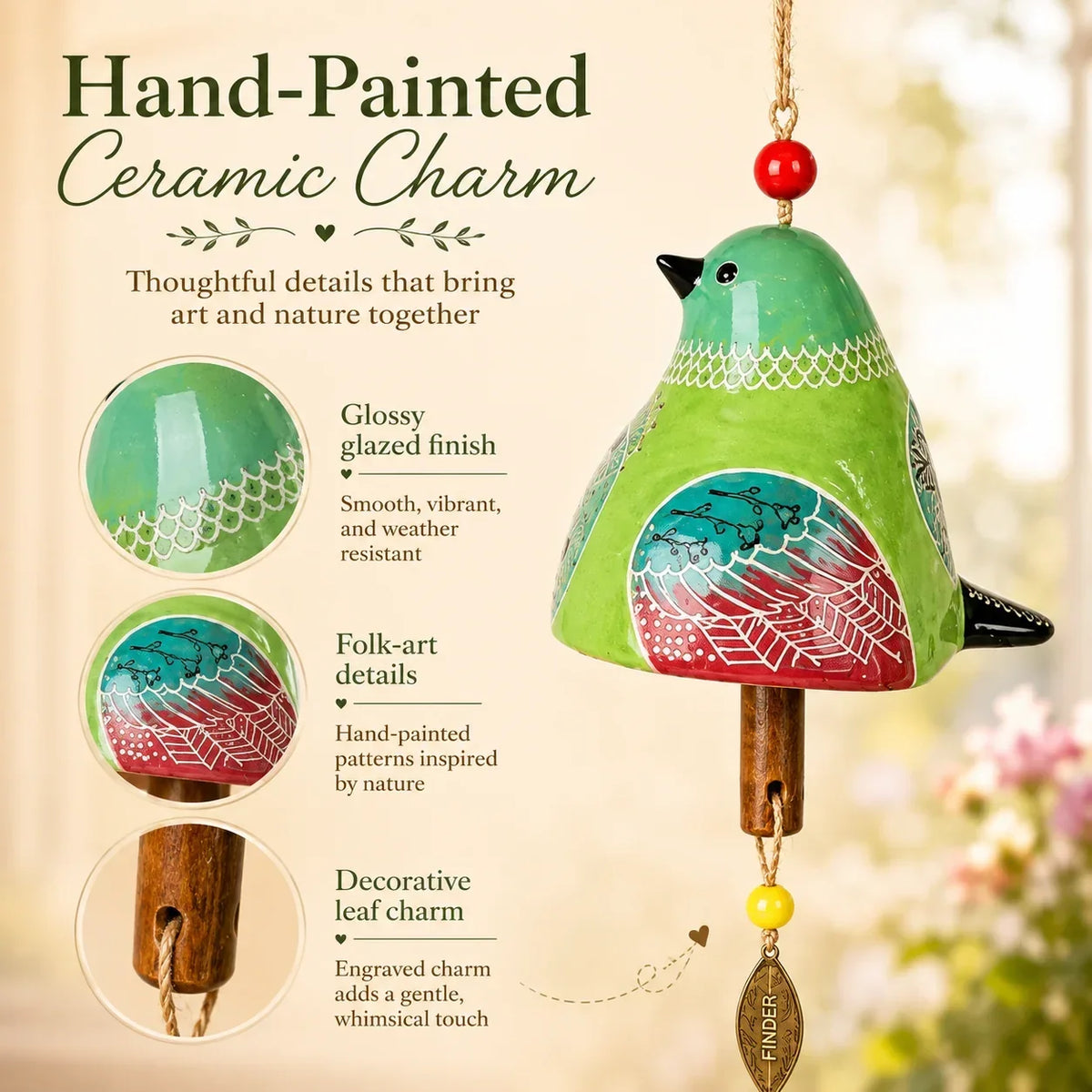 🔥Hot Sale✨60K+ Sold🐦 Hand-Painted Resin Bird Wind Chime, Colorful Folk Art Garden Hanging Decor