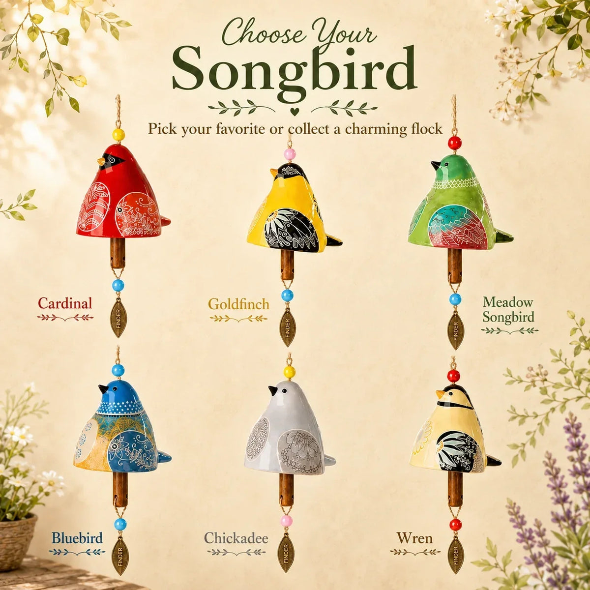 🔥Hot Sale✨60K+ Sold🐦 Hand-Painted Resin Bird Wind Chime, Colorful Folk Art Garden Hanging Decor