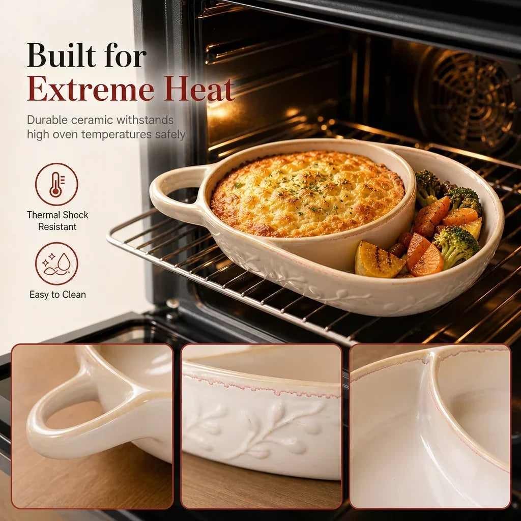 🍲Retro Ceramic Divided Baking Dish, Dual Compartment Vintage Serving Dish