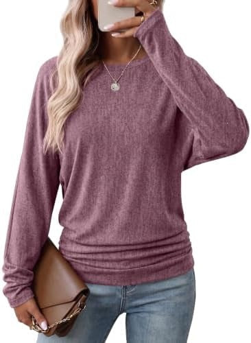 Womens Long Sleeve Shirts Ruched Hem Fall Tops Lightweight Sweaters ✨