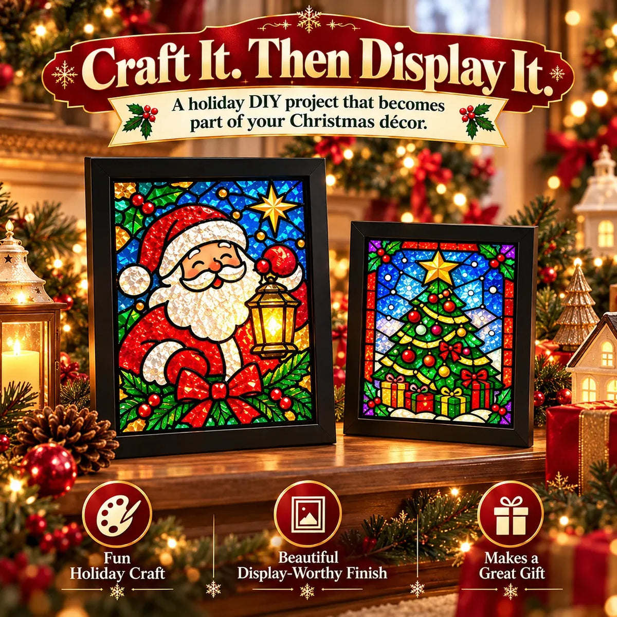 🎄Beginner-Friendly Christmas Stained Glass-Style Frame Kit | 8 Festive Designs with Pens, Foil & Frame ✨