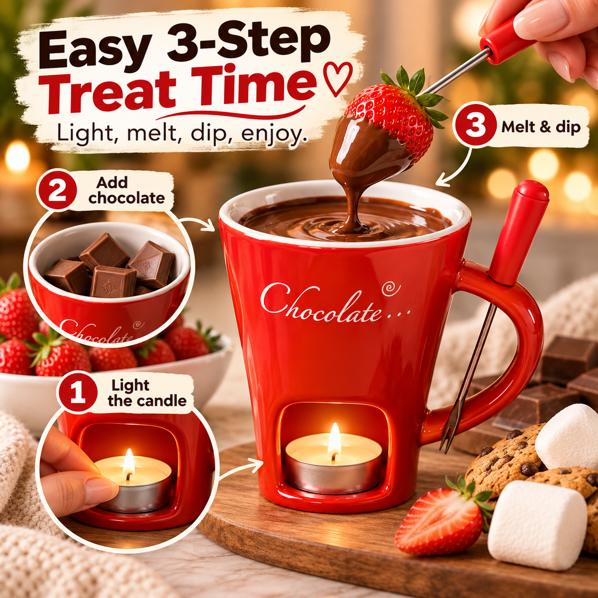 🍫 50% OFF Chocolate Fondue Mug – Candle-Heated Melt & Dip Dessert Set ❤️