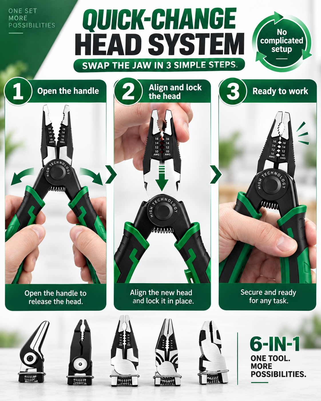 6-in-1 Interchangeable Head Pliers Set, Built-in 12-250V Voltage Detection, High Carbon Steel Multi Tool with Storage Case for Electrical Work, Home & Auto DIY