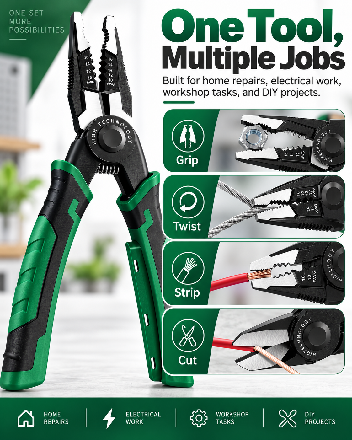 6-in-1 Interchangeable Head Pliers Set, Built-in 12-250V Voltage Detection, High Carbon Steel Multi Tool with Storage Case for Electrical Work, Home & Auto DIY