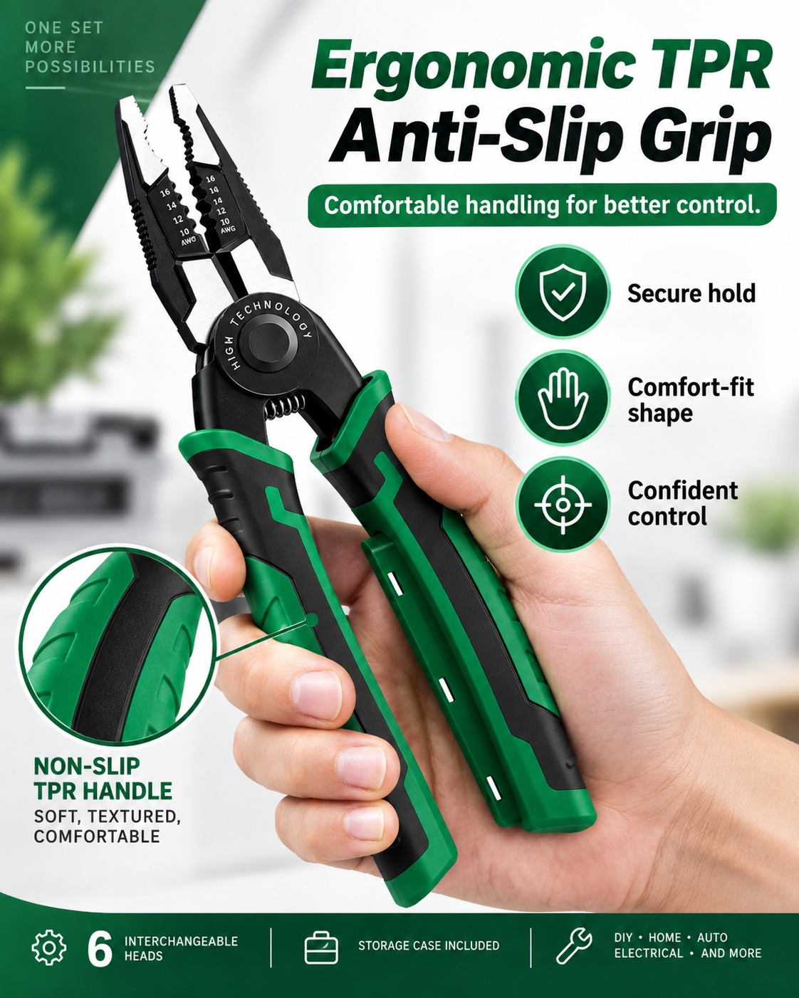 6-in-1 Interchangeable Head Pliers Set, Built-in 12-250V Voltage Detection, High Carbon Steel Multi Tool with Storage Case for Electrical Work, Home & Auto DIY