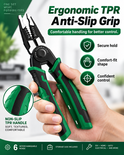 6-in-1 Interchangeable Head Pliers Set, Built-in 12-250V Voltage Detection, High Carbon Steel Multi Tool with Storage Case for Electrical Work, Home & Auto DIY