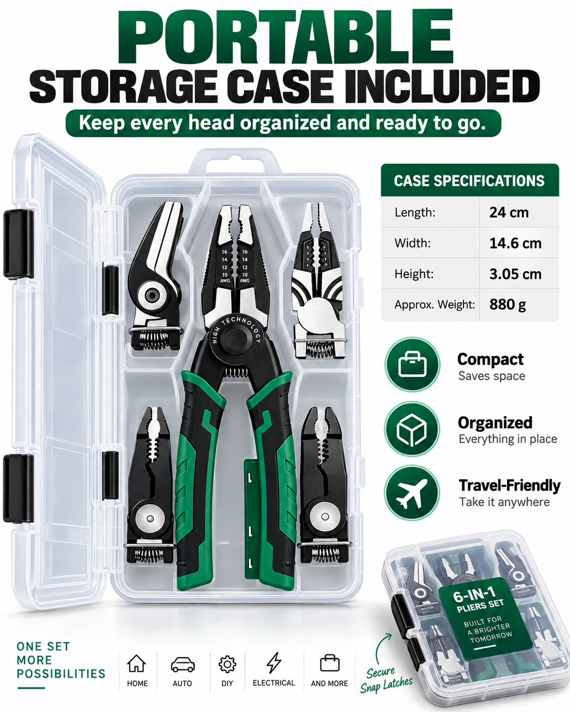 6-in-1 Interchangeable Head Pliers Set, Built-in 12-250V Voltage Detection, High Carbon Steel Multi Tool with Storage Case for Electrical Work, Home & Auto DIY