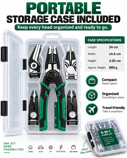 6-in-1 Interchangeable Head Pliers Set, Built-in 12-250V Voltage Detection, High Carbon Steel Multi Tool with Storage Case for Electrical Work, Home & Auto DIY