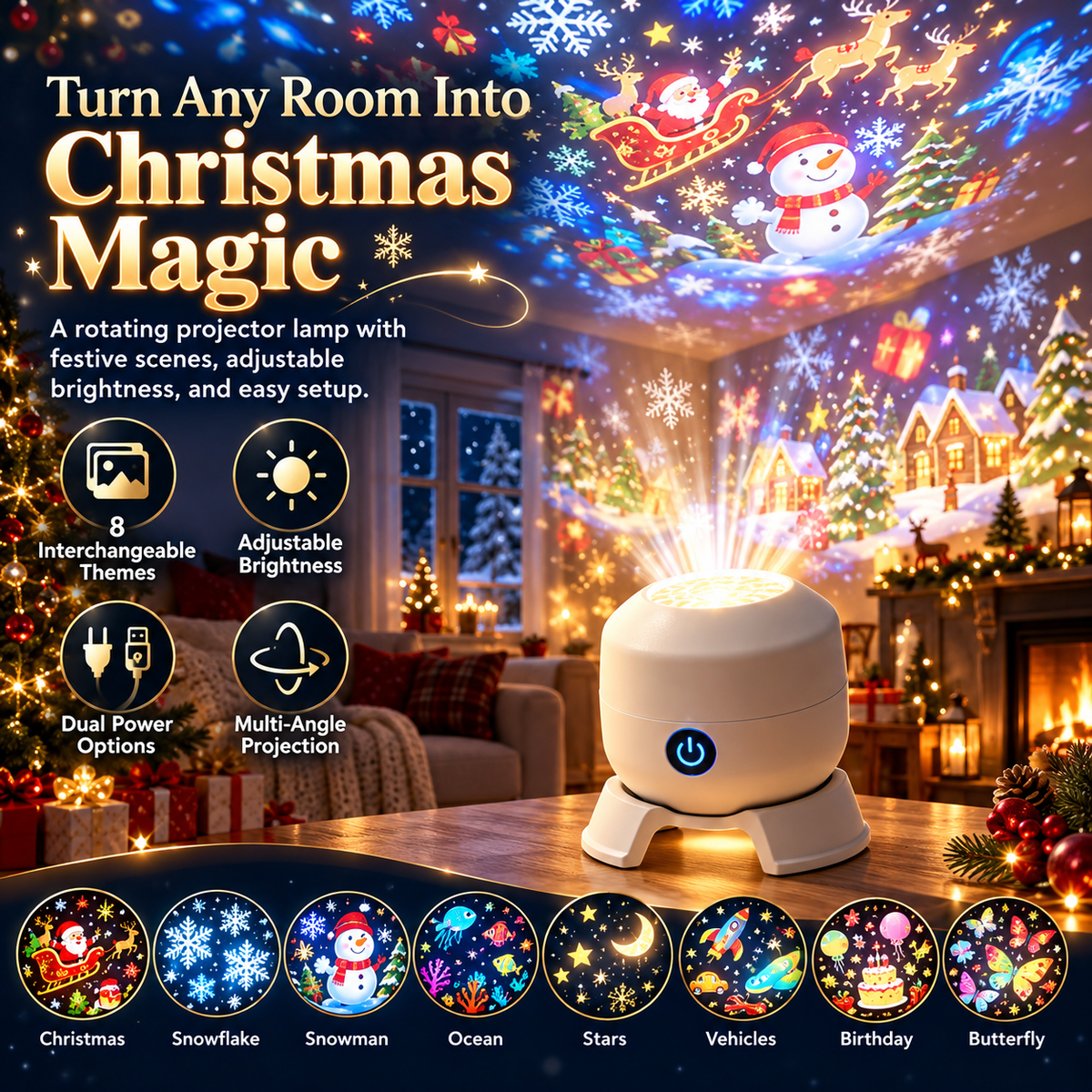 ✨Christmas Rotating Projector Light – 8 Festive Scenes🎄