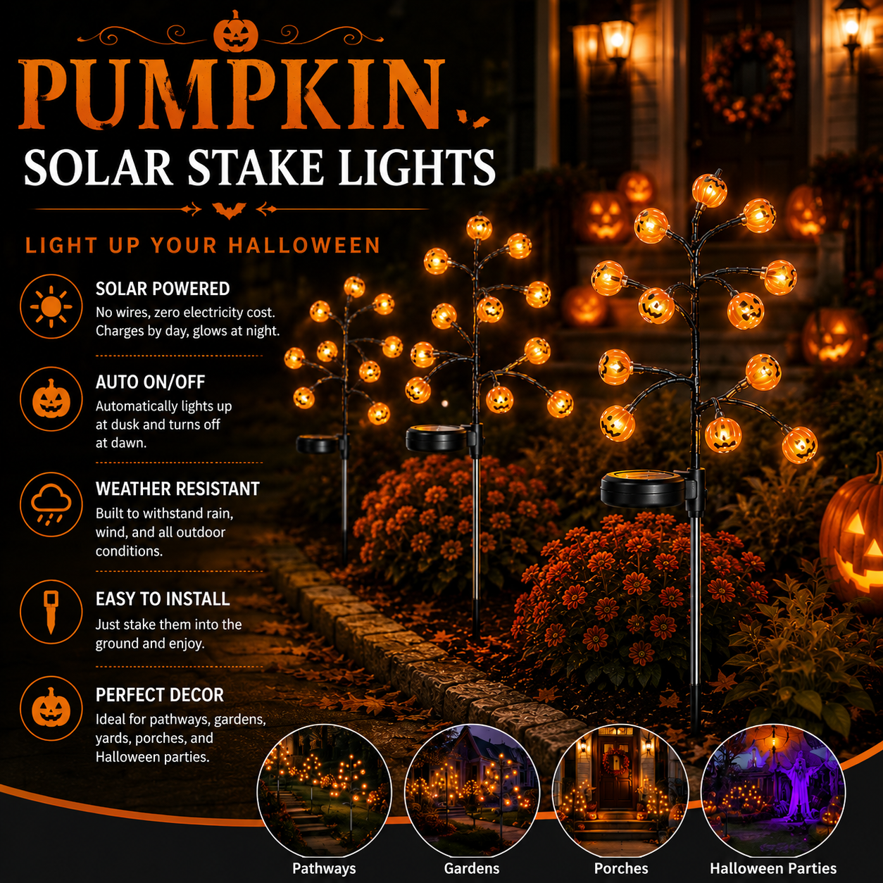 🎃 Pumpkin Solar Stake Lights – Halloween Outdoor Yard Decor