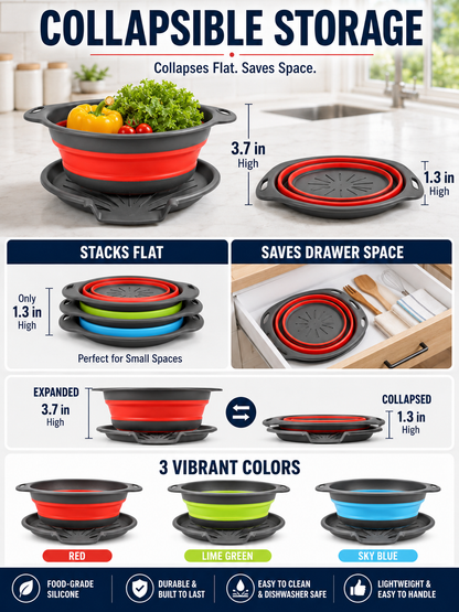 🥗💧Kitchen Colander Set ✨ Space-Saving Collapsible Strainers with Over-Sink Self-Draining Design for Easy Meal Prep