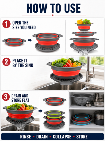 🥗💧Kitchen Colander Set ✨ Space-Saving Collapsible Strainers with Over-Sink Self-Draining Design for Easy Meal Prep