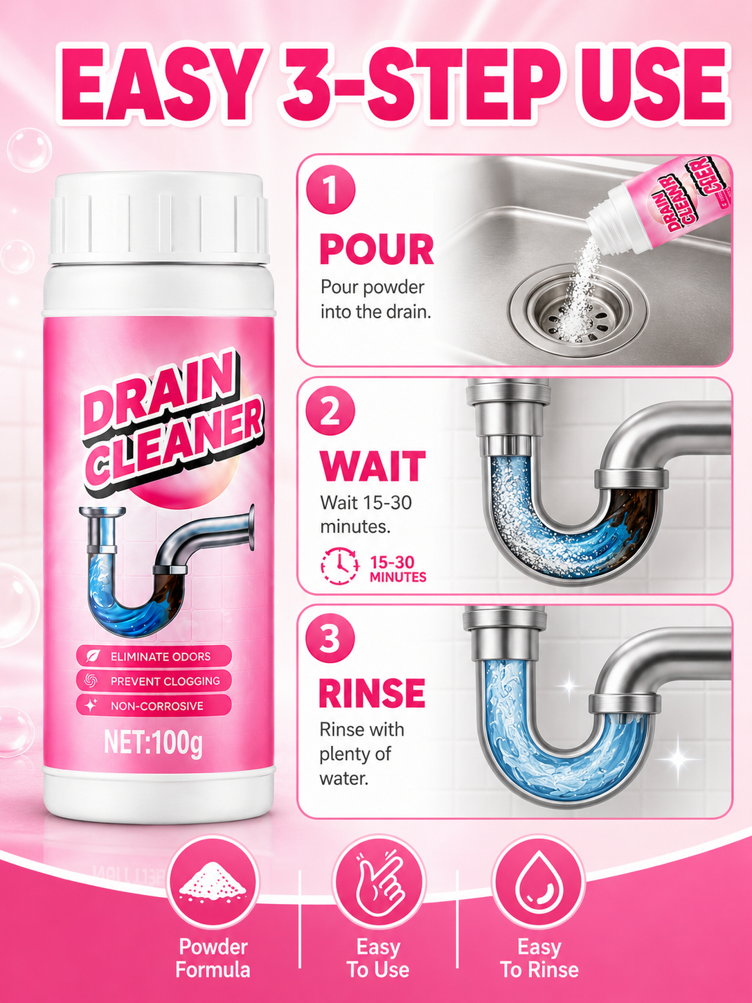 🚿💧 Powerful Drain Cleaner 🫧 Fast Acting Foaming Clog Remover & Deodorizer for Kitchen Sinks Pipes & Household Drains