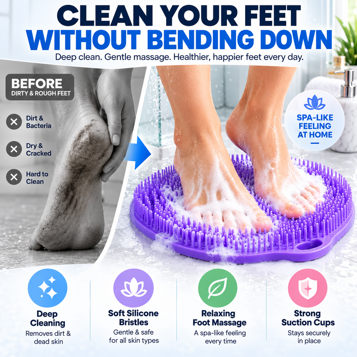 🦶 Hands-Free Shower Foot Scrubber Mat – Deep Clean & Massage Your Feet While You Shower