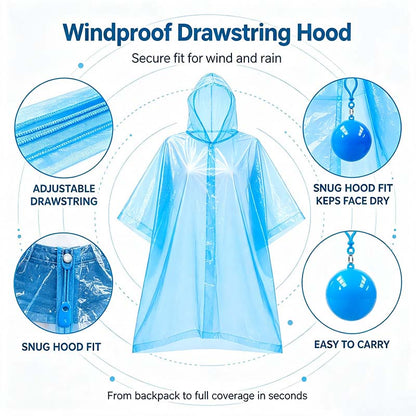 Hooded Disposable Rain Poncho-Random Color, Waterproof Tear-Resistant Portable Raincoat with Keychain Ball 🌧️ ☔