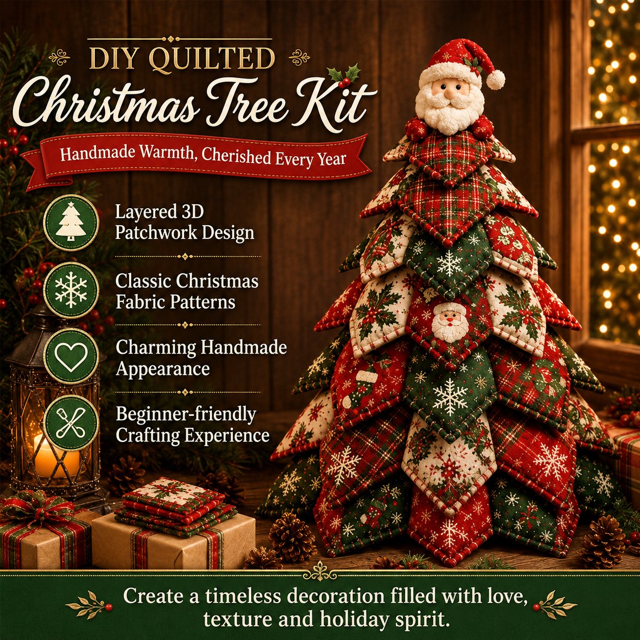 🎄 DIY Quilted Christmas Tree Kit – Handmade Fabric Holiday Tabletop Tree Decor ✂️✨