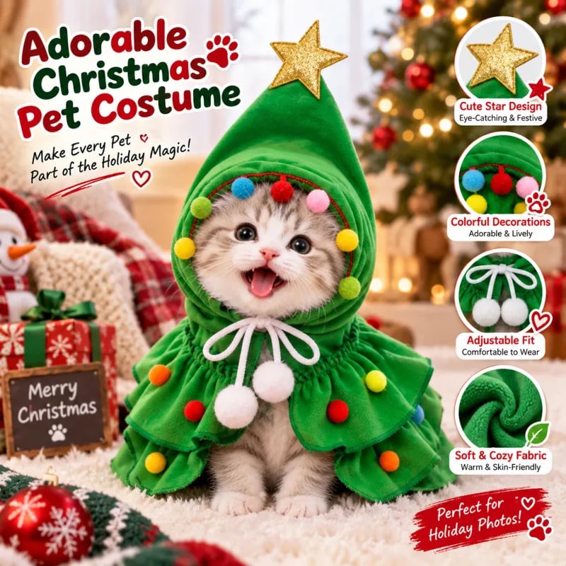 Cute cat wearing Christmas Tree Pet Cape