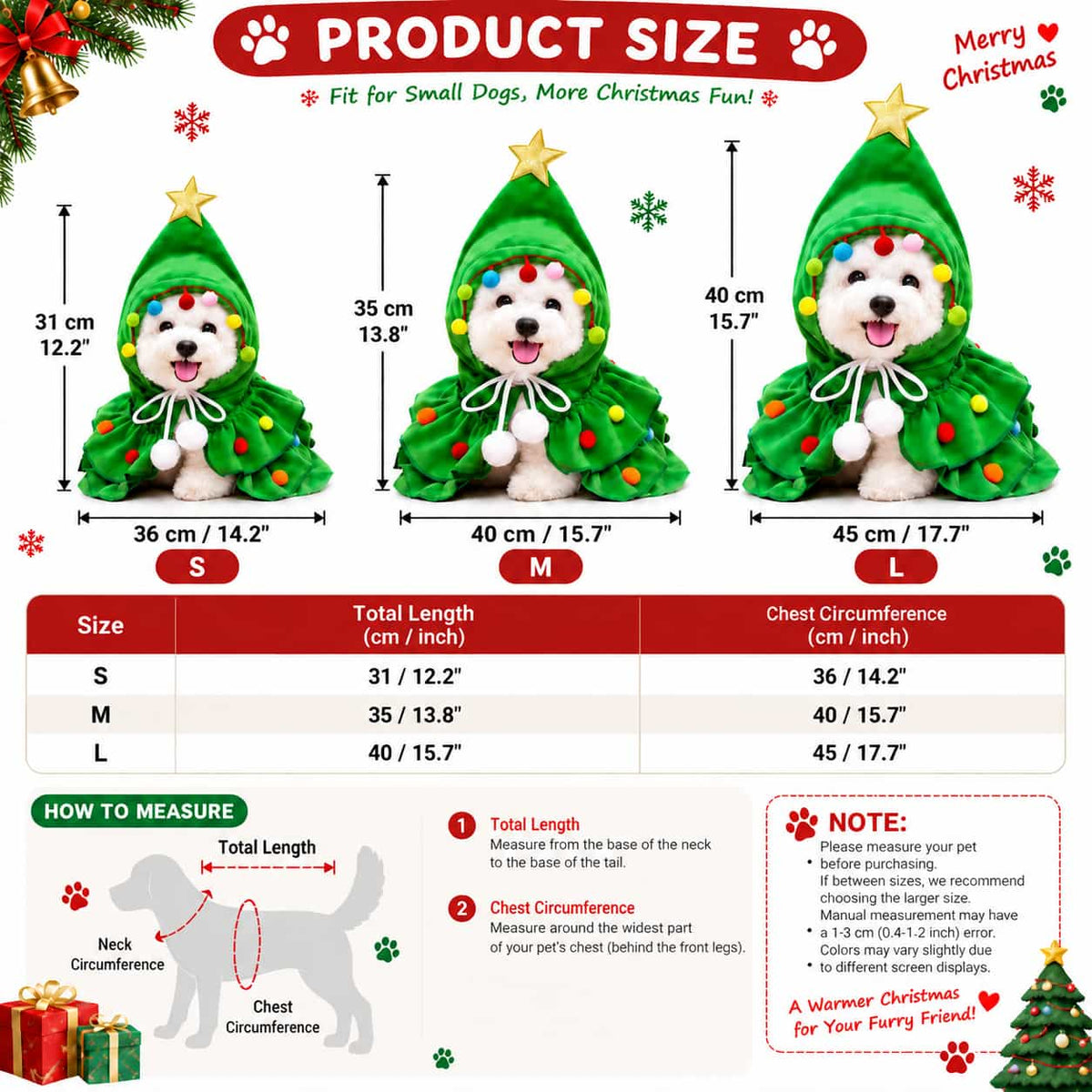 Christmas Tree Pet Cape size chart