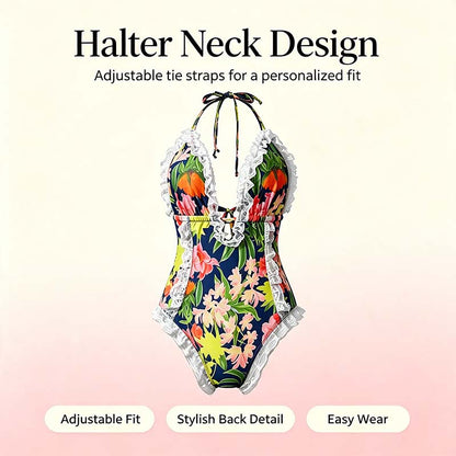 Aprilake Women's One Piece Halter V-neck Printing👙