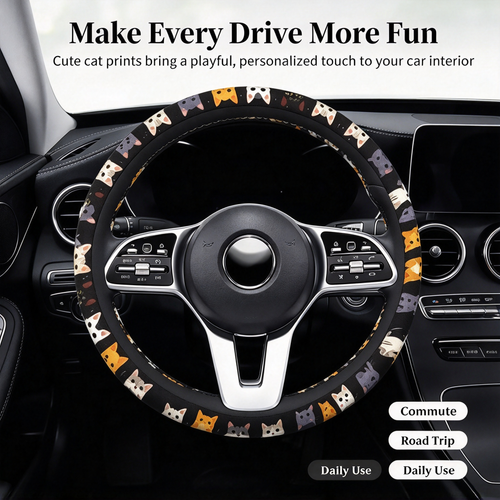 Cute Cat Pet-Themed Pattern, Single-Pack Car Steering Wheel Cover 🐾