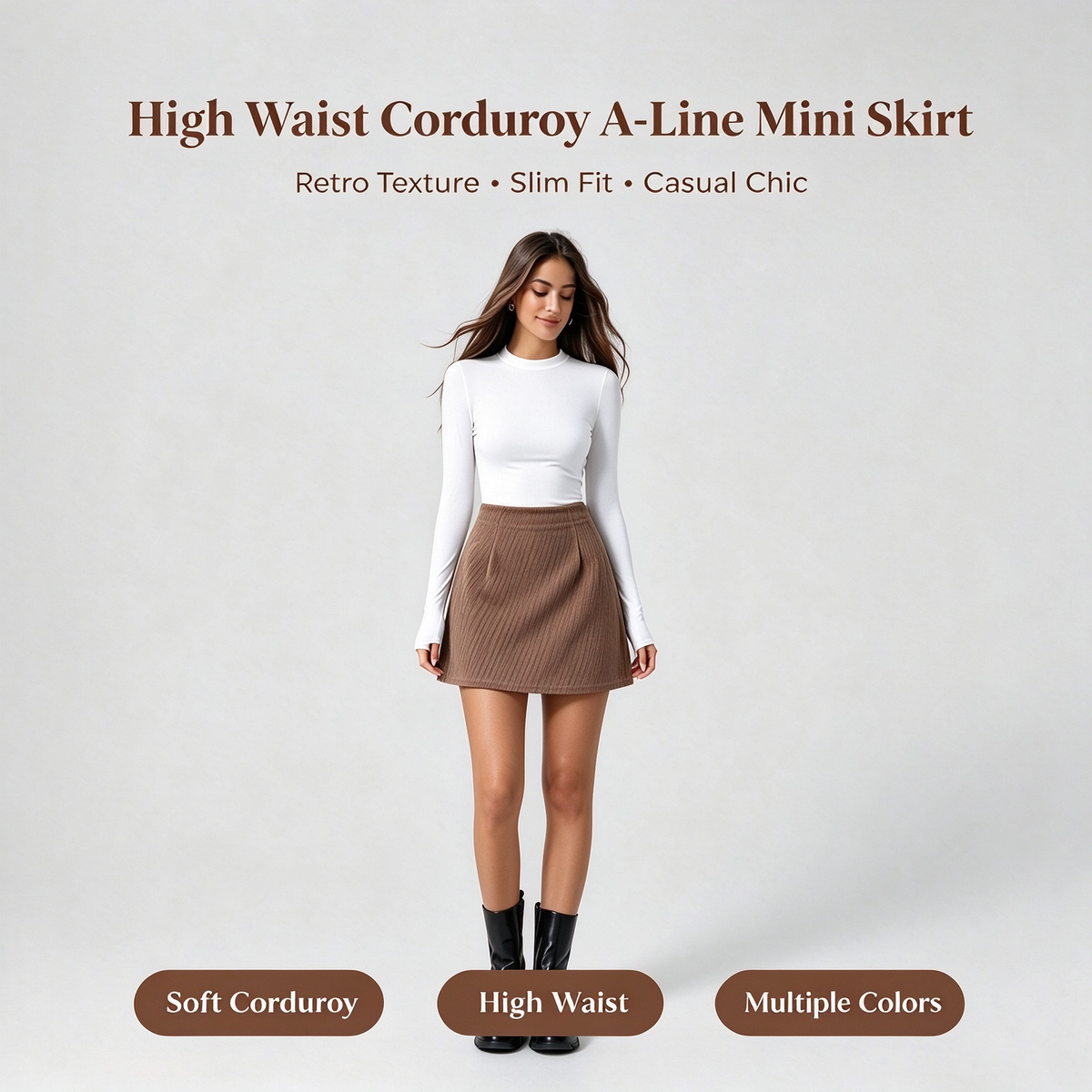 High Waisted Invisible Zipper 2-in-1 Mini A-line Corduroy Casual Skirt 🤎