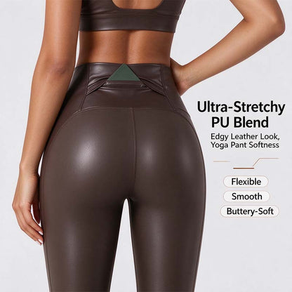 High Waisted Stretchy PU Tummy Control Yoga Leggings with Pocket 🖤✨