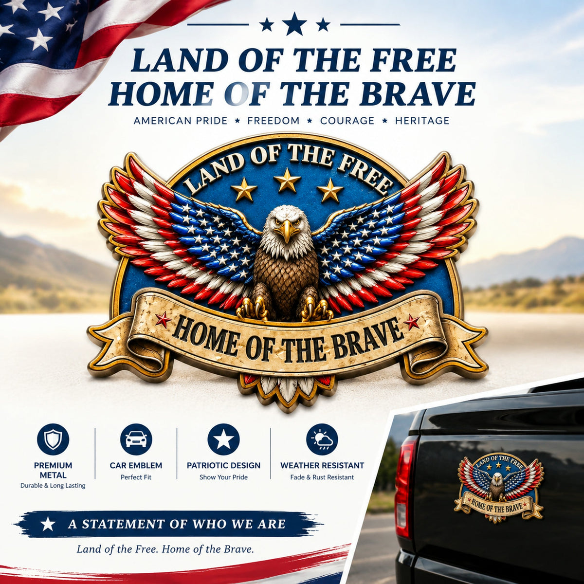 🇺🇸 "LAND OF THE FREE · HOME OF THE BRAVE" Eagle Metal Car Emblem | For the Proud American