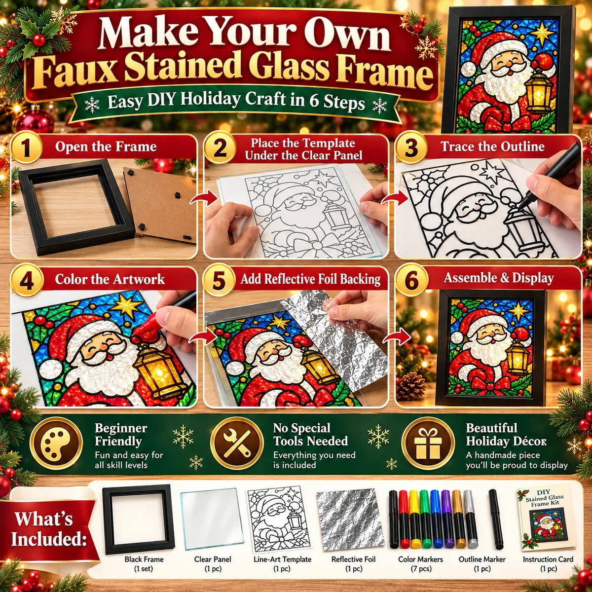 🎄Beginner-Friendly Christmas Stained Glass-Style Frame Kit | 8 Festive Designs with Pens, Foil & Frame ✨