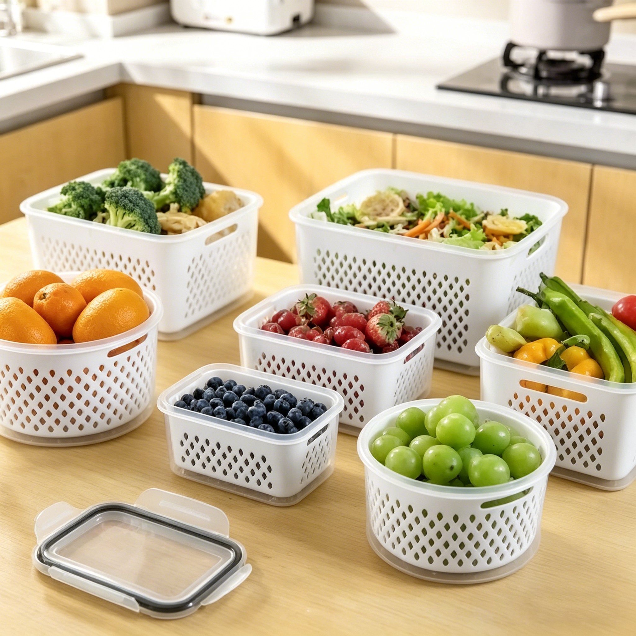 💥New Arrivals  Now Selling Fast🔥5 Pack Fridge Organizers and Storage - Stackable Fruit Storage Containers for Fridge with Removable Colander