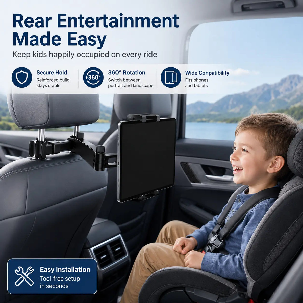 🚗🎁3-in-1 Adjustable Telescopic Arm Car Tablet Mount – Universal Tablet/iPad Holder, Easy-to-Install Hands-Free Mount💎