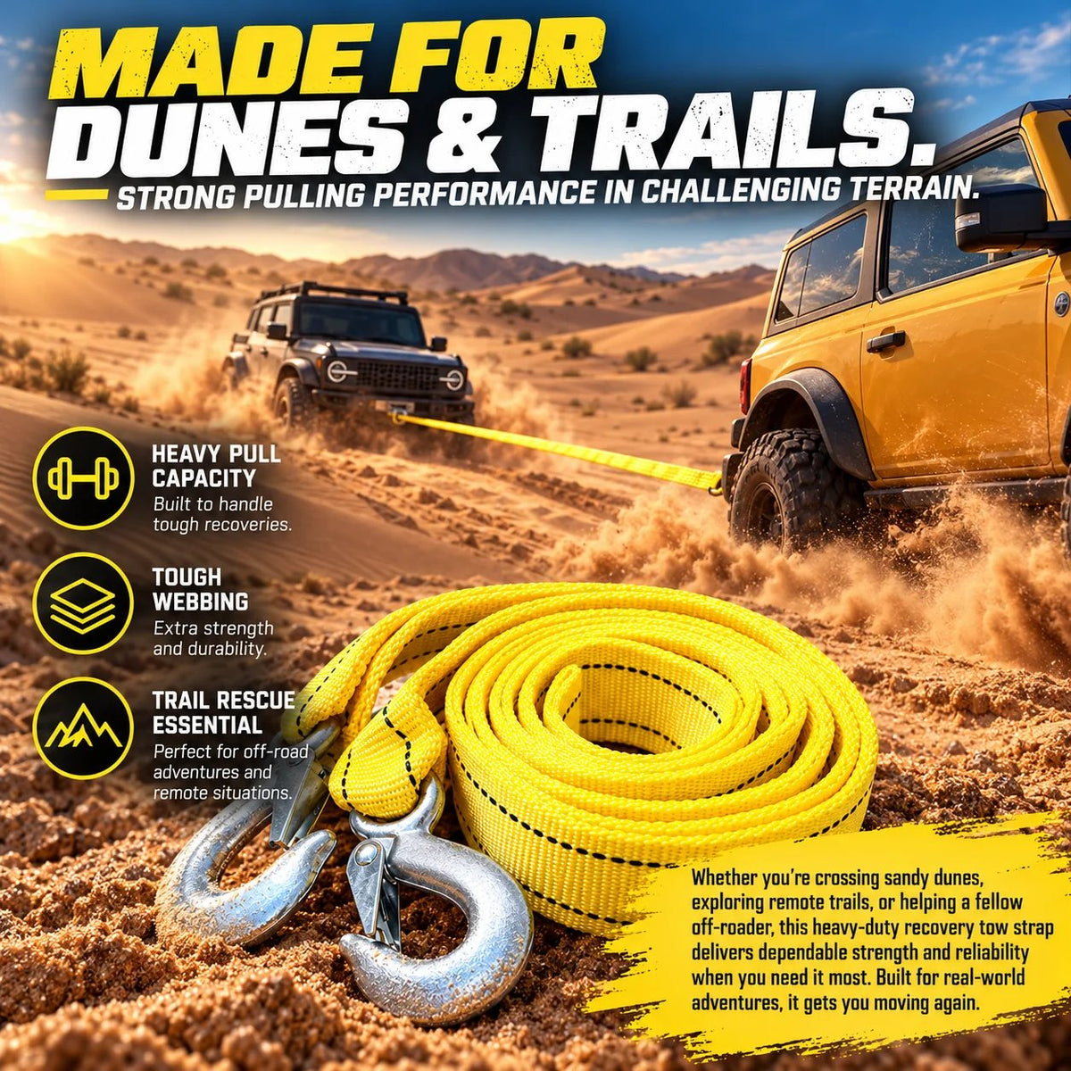 Heavy-Duty Recovery Tow Strap with Hooks – Strong Towing Rope for Trucks, SUVs & Off-Road Vehicles