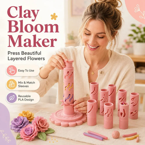 ⏳50% OFF – 🌸 Beginner-Friendly Clay Bloom Maker Set | Reusable 3D-Printed Flower Shaping Tool with Interchangeable Sleeves & 24-Color Modeling Clay Included ✨