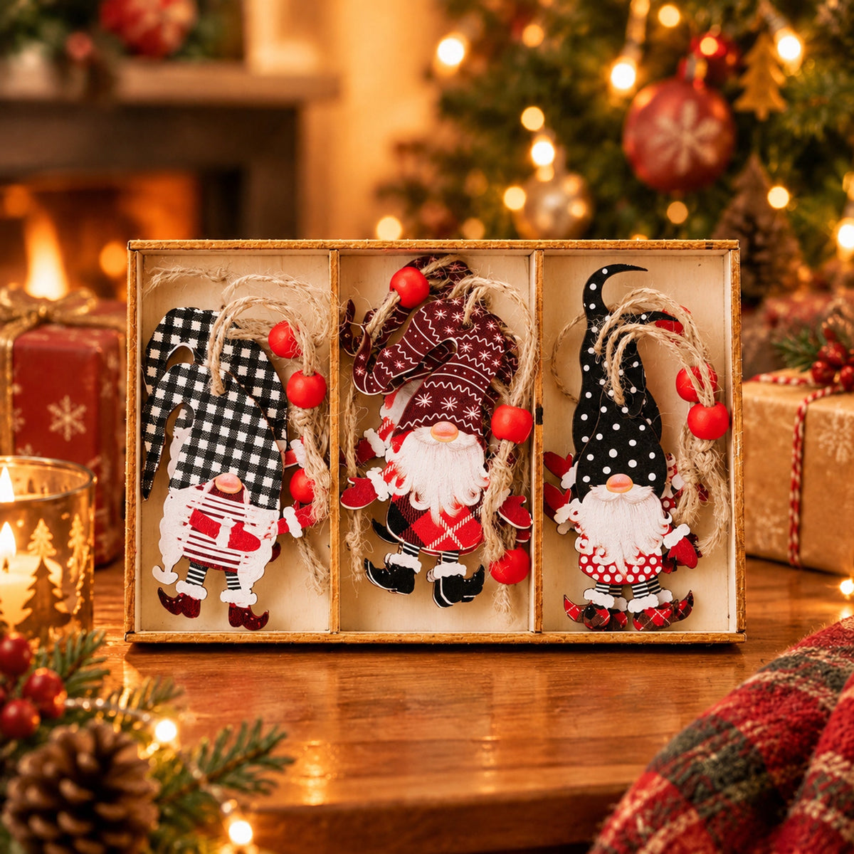 Hand‑Finished Christmas Gnome Wooden Tree Ornaments | Farmhouse Xmas Hanging Decor for Holiday Gifting