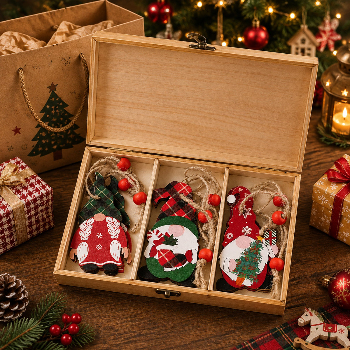Hand‑Finished Christmas Gnome Wooden Tree Ornaments | Farmhouse Xmas Hanging Decor for Holiday Gifting