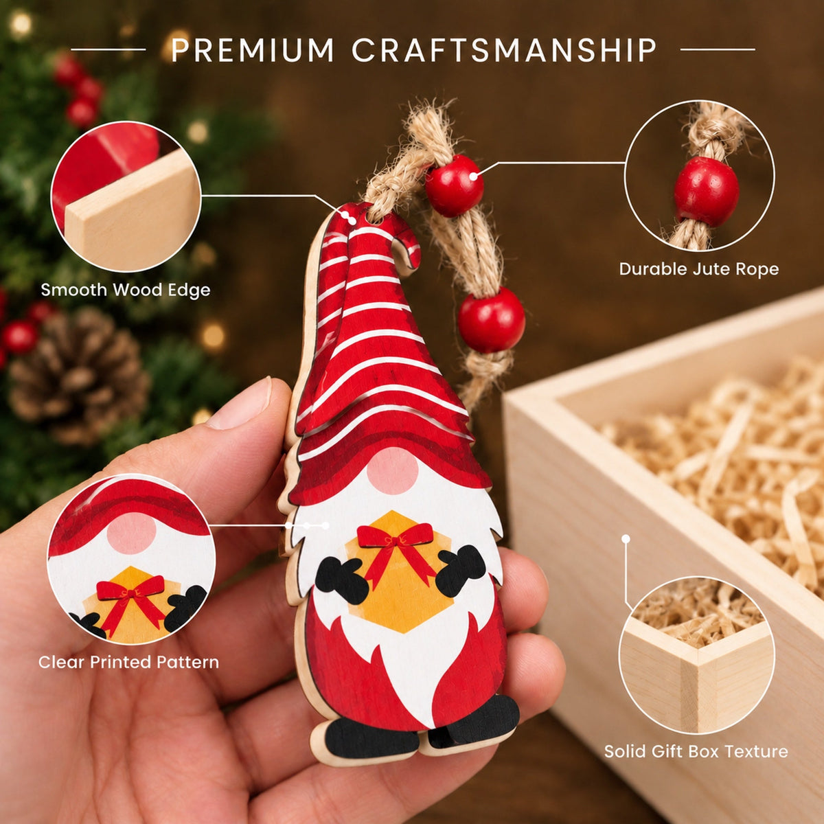 Hand‑Finished Christmas Gnome Wooden Tree Ornaments | Farmhouse Xmas Hanging Decor for Holiday Gifting
