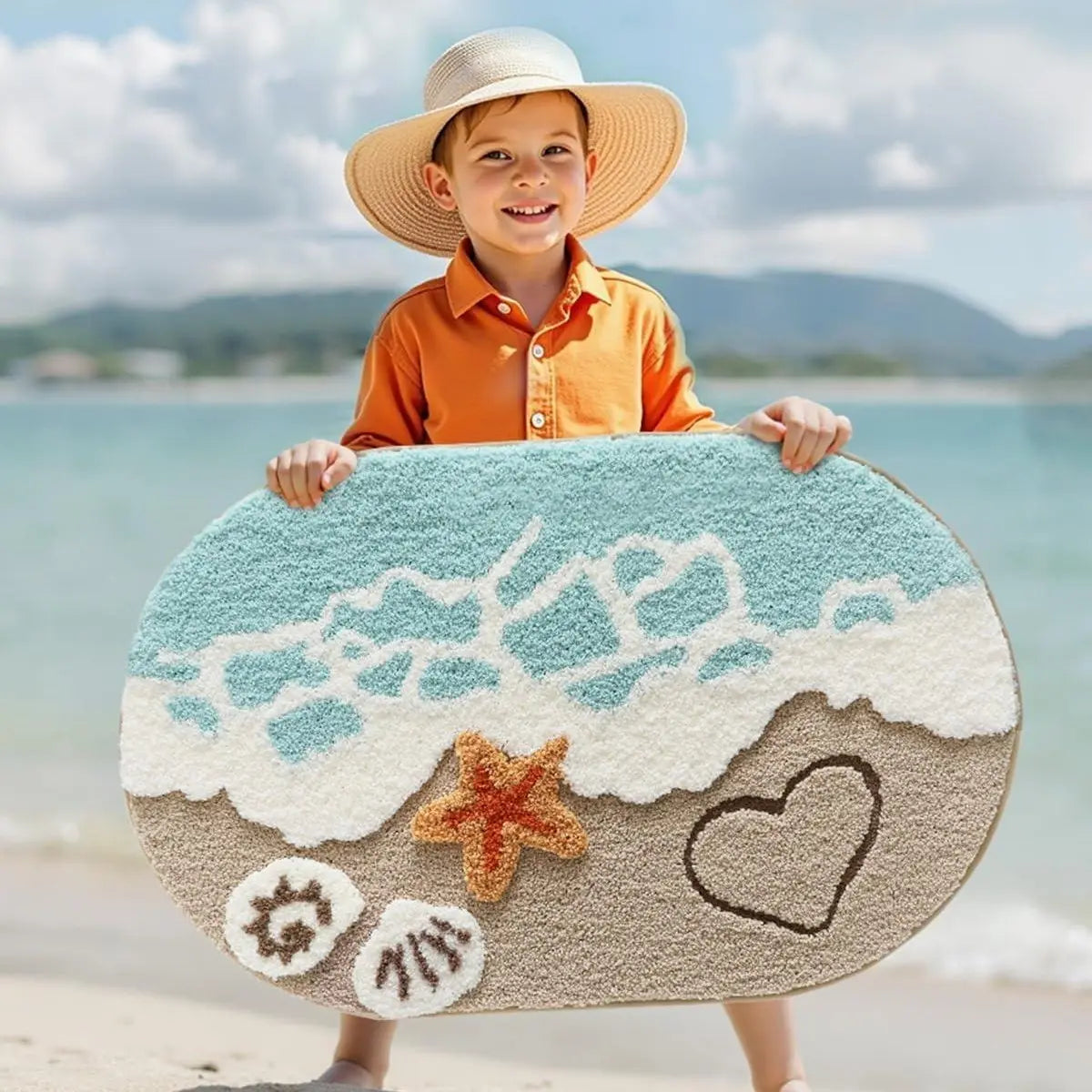 Coastal Beach Bathroom Rug – Soft Absorbent Non-Slip Bath Mat with Starfish & Seashell Design
