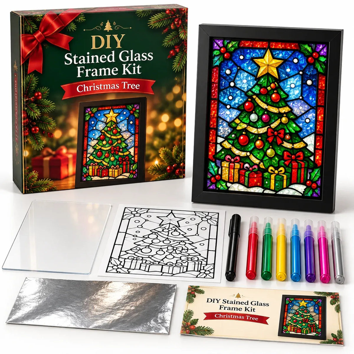 🎄Beginner-Friendly Christmas Stained Glass-Style Frame Kit | 8 Festive Designs with Pens, Foil & Frame ✨